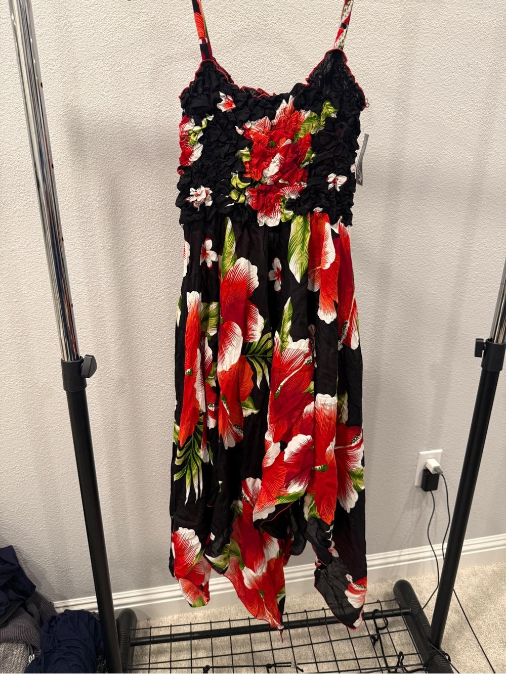 Paradise Black Maxi Dress with Red Hibiscus Print swim cover up tropical OS